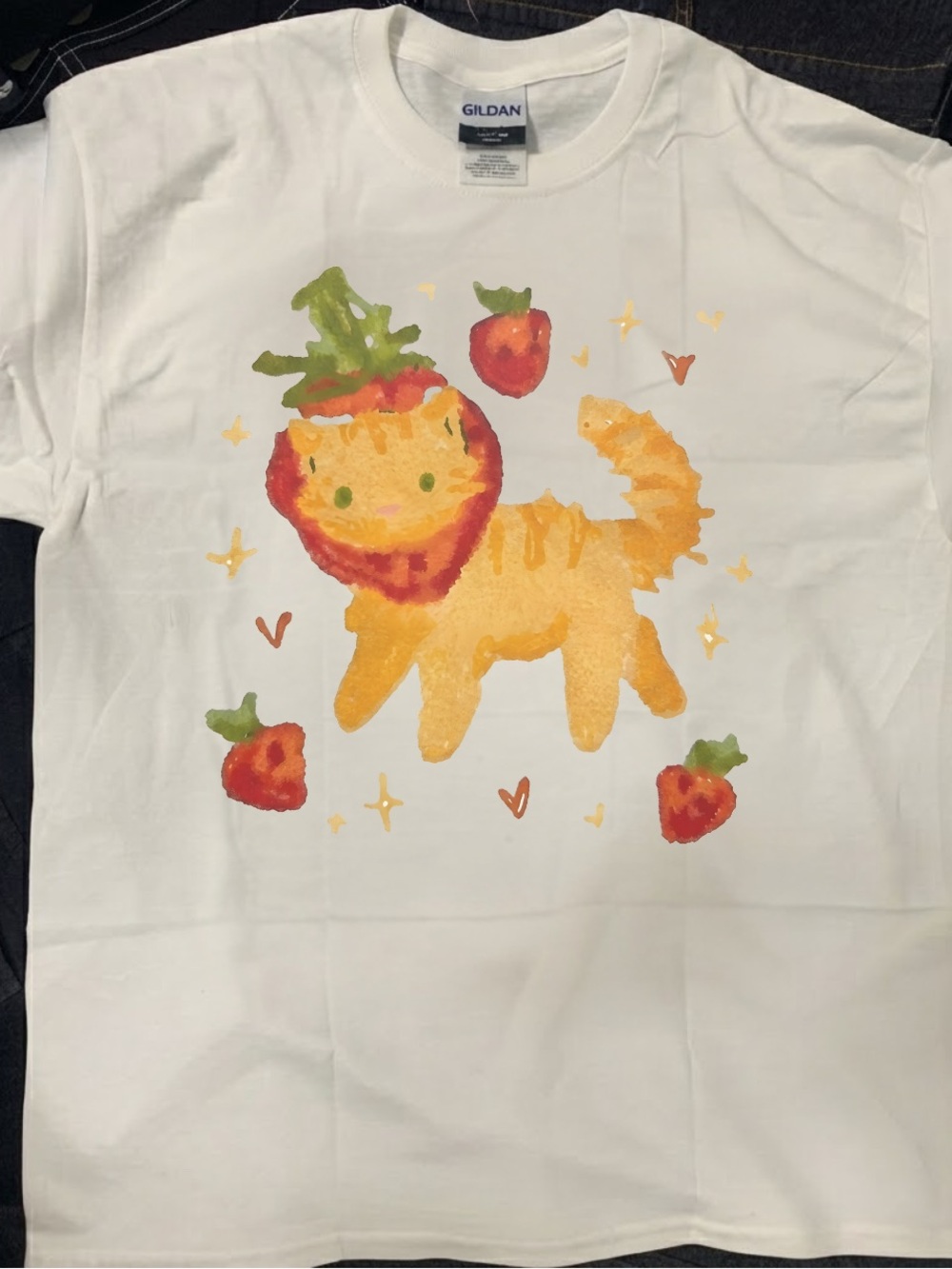 Gildan White T-Shirt with Strawberry Cat Graphic